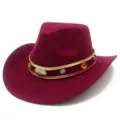 Detail view of wine red wool felt western cowboy hat featuring exquisite metallic decorative band - One Size / Burgundy