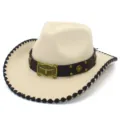 Classic wide brim wool felt cowboy hat with leather band and metal bull buckle for fashion parties. - One Size / Beige