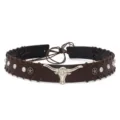 Detailed view of brown leather western cowboy hat band with silver longhorn bull head - Longhorn Bull Star Style (7#)