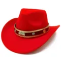 Red western cowboy hat close-up detail, vintage felt material with ethnic decorative hat band. - One Size / Red