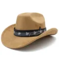 Vue rapprochée détaillée du chapeau de cowboy en daim marron avec bande musicale. - Taille unique / Kaki