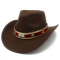 High quality retro woolen western cowboy hat with ethnic style decorative band and metal conchos. - One Size / Coffee