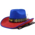 Detailed view of the blue and red suede cowboy hat featuring a gold bull head buckle accent. - One Size / Blue