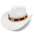 Close-up detail of white wool felt cowboy hat featuring red decorative band and silver accents. - One Size / White