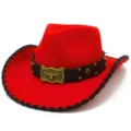 Red wool cowboy hat with black braided brim, bull skull buckle and leather band for party. - One Size / Red