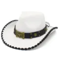 Unisex white felt cowboy hat with black braided brim, brown band and vintage bull skull buckle. - One Size / White