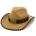 Classic wool felt western cowboy hat with leather band and bull skull buckle for men women. - One Size / Khaki
