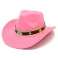 Pink wool western cowboy hat with ethnic style decorative band, retro rolled brim design. - One Size / Deep Pink