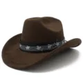 Gros plan détaillé du chapeau de cowboy en daim marron avec son groupe musical et sa texture. - Taille unique / Café