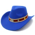 Detailed view of a bright blue wool felt western cowboy hat with a retro ethnic decorative band. - One Size / Sapphire Blue