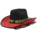 Suede western cowboy hat with contrast color, featuring gold bull head emblem and adjustable chin strap. - One Size / Black
