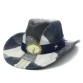 Vintage patchwork western cowboy hat with bull skull buckle and star studs for men women fashion. - Heart Top B / One Size