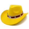 Detailed view of the yellow felt western cowboy hat with ethnic decorative band and gems. - One Size / Yellow