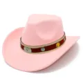 Pink felt cowboy hat with vintage ethnic decorative band, stylish western jazz hat for women. - One Size / Pink