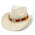 Detailed view of cream western cowboy hat with ethnic red gold decorative band and metallic studs. - One Size / Beige