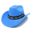 Gros plan détail du chapeau de cowboy bleu style suédine avec bande de notes de musique. - Taille unique / Bleu