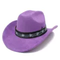Vue détaillée du chapeau de cowboy en daim violet avec bande de notes de musique. - Taille unique / Violet