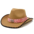 Detailansicht eines vintage Damen Filz-Cowboyhuts mit rosa gemustertem Band und schwarzem Saum. - Einheitsgröße / Khaki