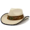 Stylish western cowboy hat with brown belt and bull buckle for adult daily wear fashion. - One Size / Beige
