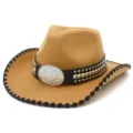 Detailed view of the stylish western cowboy hat featuring sparkling rhinestones and metal studs. - One Size / Khaki