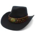 Detailed view of black western cowboy hat with brown braided band and vintage metal buckle. - One Size / Black