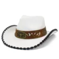Classic white western cowboy hat with brown snakeskin band and vintage bull skull metal buckle. - One Size / White