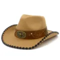 Detailed view of brown western cowboy hat with snake print band, metal bull buckle, and rhinestones - One Size / Khaki