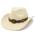 Beige cowboy hat detail featuring brown leather hatband, bronze studs, and bull head decor. - One Size / Beige