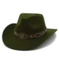 Detailed view of green felt cowboy jazz hat with brown leather band and bull head metal charm. - One Size / Army Green