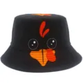 Sombrero de pescador negro con lindo estampado de pavo, vista detallada para el aire libre. - Talla única / Negro