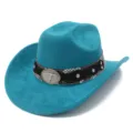 Blaue Wildleder-Cowboyhut mit Schlangenmuster-Band und Stierschädel-Abzeichen - Einheitsgröße / Blaugrün