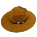 Vista de detalle sombrero fedora de ante marrón, ala ancha, sombrero jazz con hebilla retro. - Talla única / Caqui