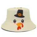Detalle de sombrero de pescador con estampado de pavo de Acción de Gracias, diseño sombrero peregrino. - Talla única / Beige