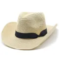 Vista di dettaglio del cappello da cowboy in paglia intrecciata con elegante nastro nero. - Taglia unica / Beige