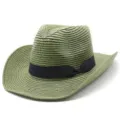 Primo piano dettagliato del cappello di paglia verde con tessitura e nastro nero fine. - Taglia unica / Verde scuro