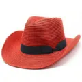 Elegante cappello da cowboy in paglia rossa, cappello estivo vintage con tesa curva. - Taglia unica / Rosso