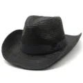 Detail de chapeau de paille noir avec tissage texture et un elegant ruban pour look estival. - Taille unique / Noir