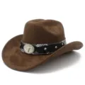 Brauner Wildleder Western Cowboy Hut Detail, elegante Stierkopf Schnalle mit Schlangenmuster. - Einheitsgröße / Kaffeebraun