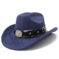 Blauer Wildleder Western Cowboy Hut mit Schlangenmuster Band und Metallstierkopf Abzeichen - Einheitsgröße / Dunkelblau