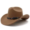 Dettaglio cappello cowboy feltro marrone, tesa curva e cinturino blu in pelle con fibbia metallica. - Taglia unica / Kaki
