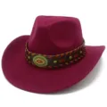 Ethnic woven strap western cowboy hat, stylish felt fedora hat for travel and vacation. - One Size / Burgundy