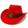 Detailed view of a red Western cowboy hat featuring an ethnic woven leather band and metal studs. - One Size / Red