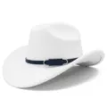 Vista dettagliata del cappello da cowboy bianco con cintura blu scuro e fibbia di metallo. - Taglia unica / Bianco