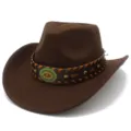 Detailed close-up of a brown felt western cowboy hat with braided leather band and metal concho. - One Size / Coffee