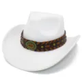 Close-up detail of white western cowboy hat with brown woven leather band and metal concho. - One Size / White