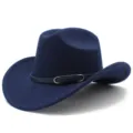 Vista dettagliata di un elegante cappello fedora blu navy con sottile cintura. - Taglia unica / Blu scuro