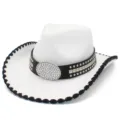 White western cowboy hat with black trim, studded leather band and rhinestone buckle. - One Size / White