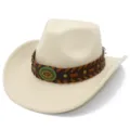 Detailed view of the ethnic braided leather band and metallic decorative buckle on the beige cowboy hat. - One Size / Beige