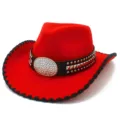 Red western cowboy hat with rhinestone buckle studded leather band stylish jazz cap fashion - One Size / Red