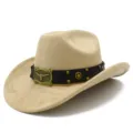 Detailed view of the faux suede western cowboy hat featuring metallic bull head buckle and star studs. - One Size / Camel